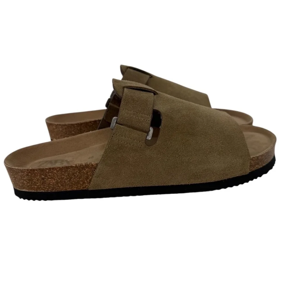Zara Women's Brown Suede Cork Flat Slide Sandals Size EUR 40 (US 9) Boho Hippie - Picture 4 of 12